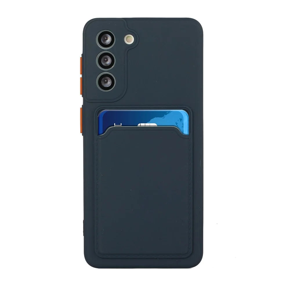 Drop-Proof Card Holder Design Flexible TPU Phone Case Cover for Samsung Galaxy S21 FE - Dark Blue - 4