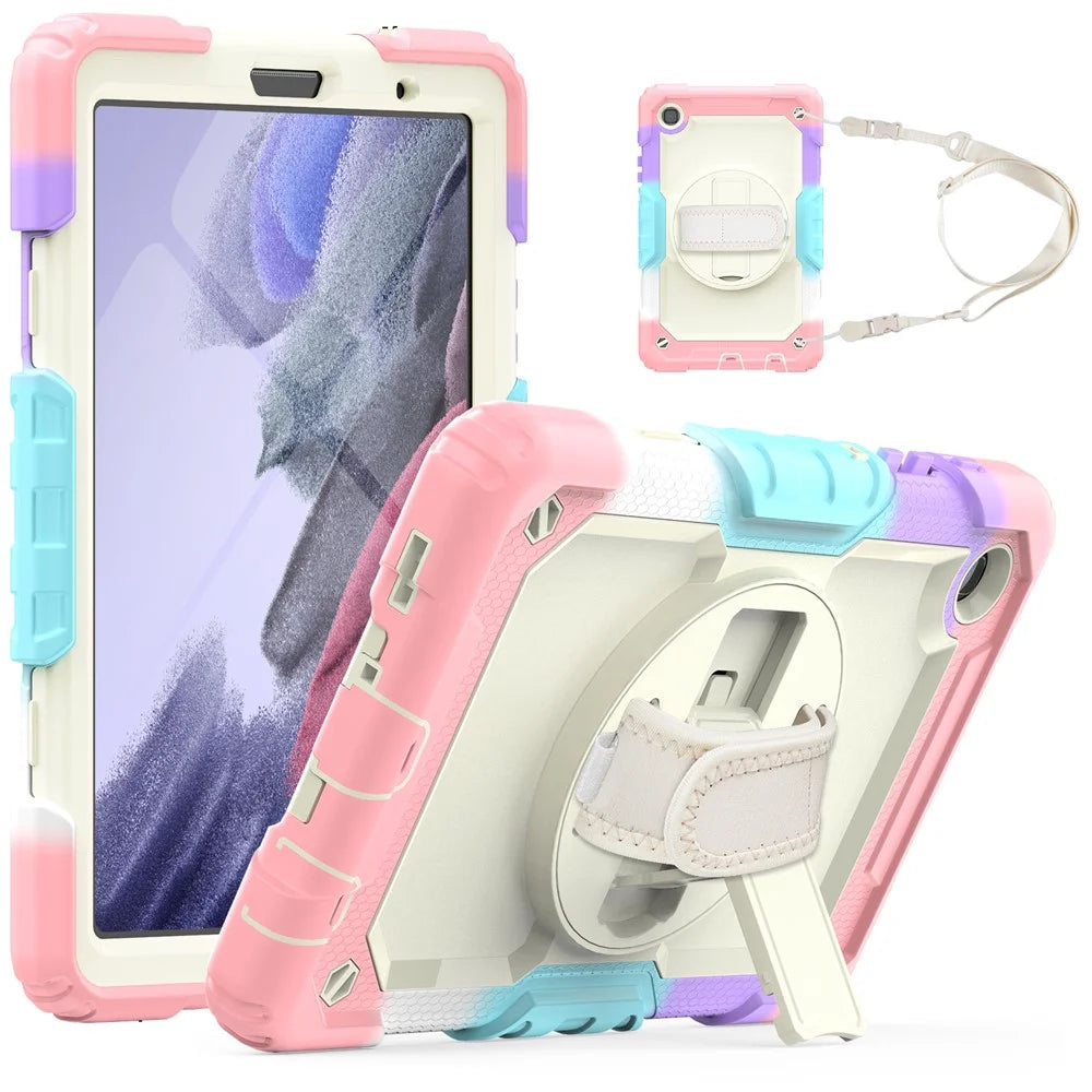 Full-Body Silicone + PC Rugged + PET Screen Protector Case with Kickstand Hand & Shoulder Strap Cover for Samsung Galaxy Tab A7 Lite 8.7-inch / SM-T220 (Wi-Fi) / SM-T225 (2021) - Pink Camo/Beige - 1