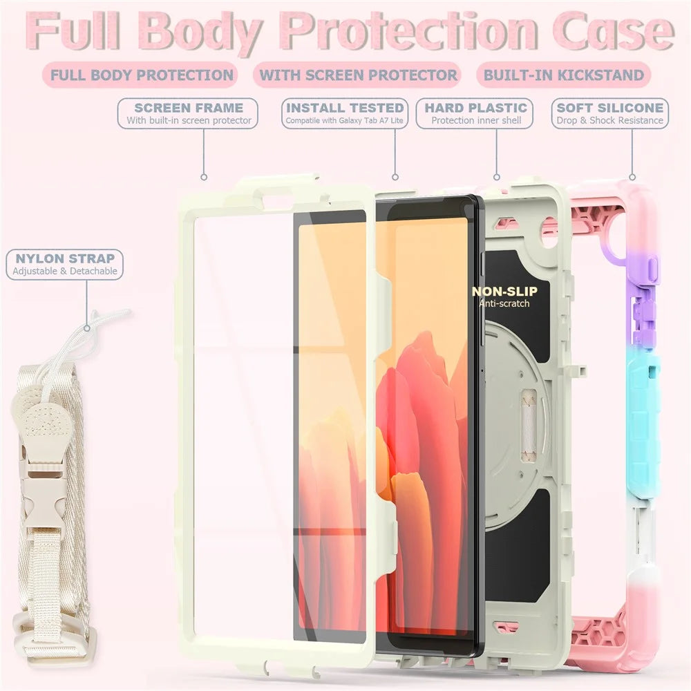 Full-Body Silicone + PC Rugged + PET Screen Protector Case with Kickstand Hand & Shoulder Strap Cover for Samsung Galaxy Tab A7 Lite 8.7-inch / SM-T220 (Wi-Fi) / SM-T225 (2021) - Pink Camo/Beige - 3