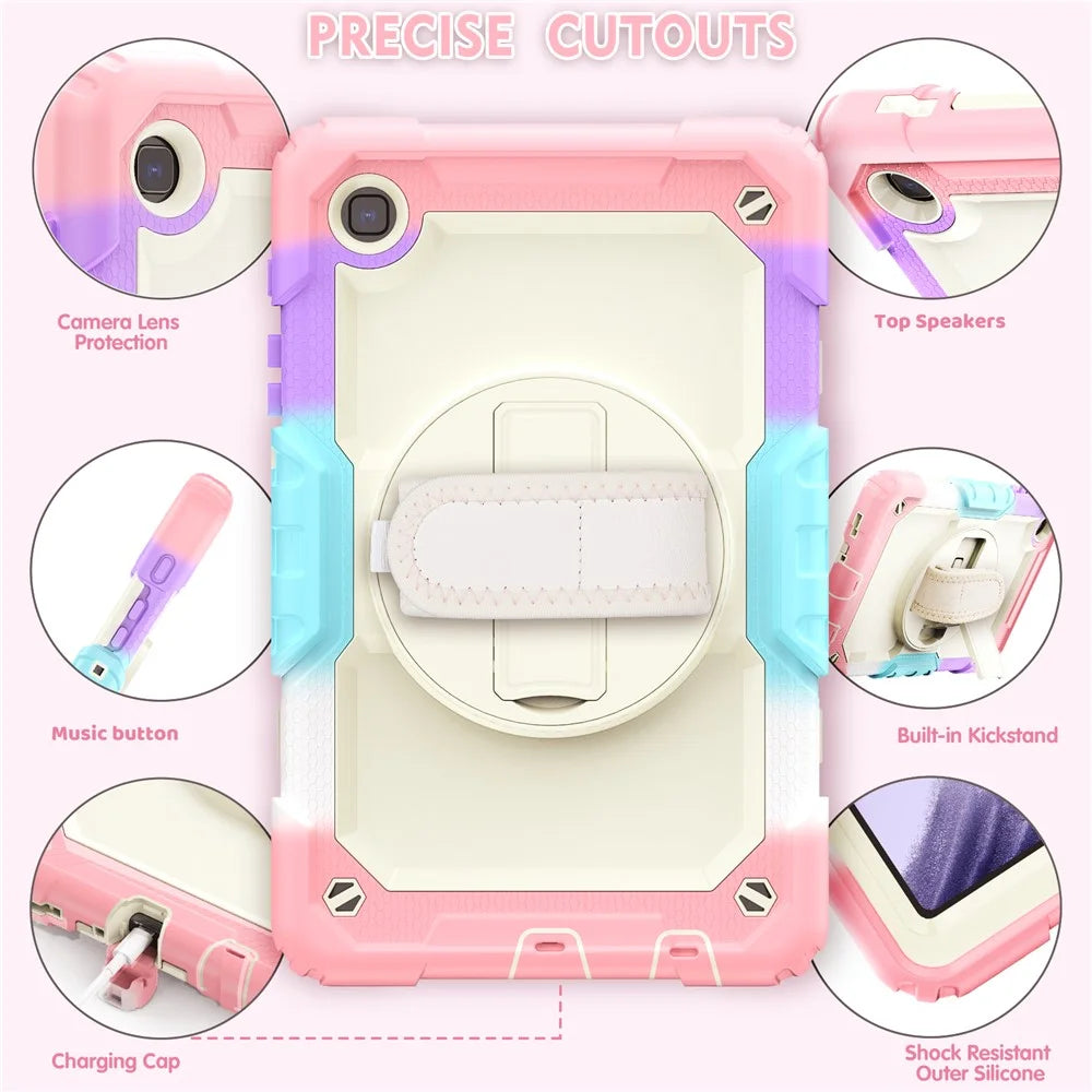 Full-Body Silicone + PC Rugged + PET Screen Protector Case with Kickstand Hand & Shoulder Strap Cover for Samsung Galaxy Tab A7 Lite 8.7-inch / SM-T220 (Wi-Fi) / SM-T225 (2021) - Pink Camo/Beige - 4