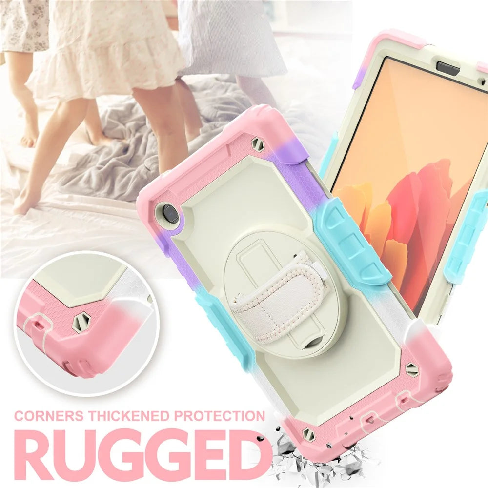 Full-Body Silicone + PC Rugged + PET Screen Protector Case with Kickstand Hand & Shoulder Strap Cover for Samsung Galaxy Tab A7 Lite 8.7-inch / SM-T220 (Wi-Fi) / SM-T225 (2021) - Pink Camo/Beige - 5