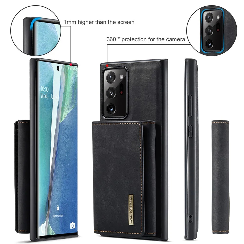 DG.MING M1 Series Kickstand Design PU Leather Coated TPU + PC Phone Case with Detachable Magnetic Wallet for Samsung Galaxy Note20 Ultra/Note20 Ultra 5G - Black - 6