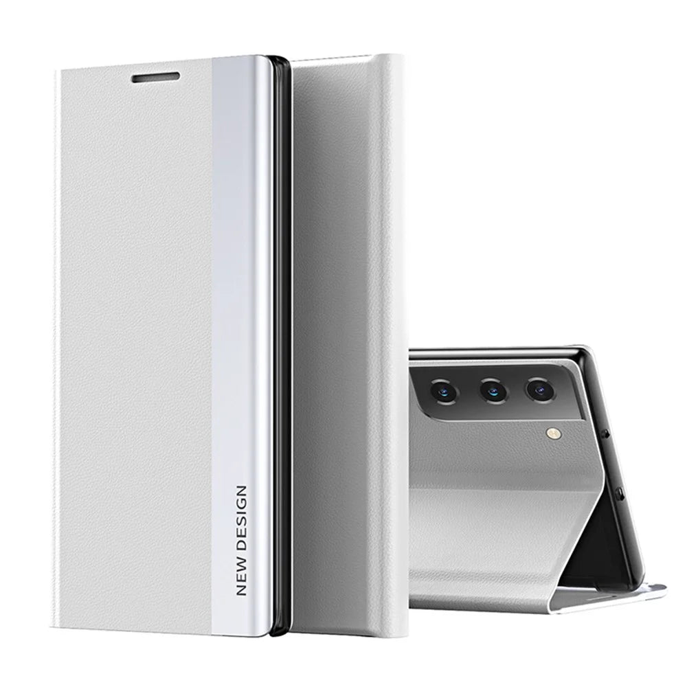 Stand Design Auto-absorbed Leather Cell Phone Case Shell for Samsung Galaxy S21 5G / 4G - Silver - 1
