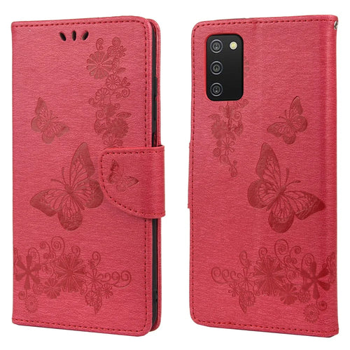 Imprint Butterfly Flower Leather Wallet Case with Stand for Samsung Galaxy A03s (166.5mm) - Red - 1