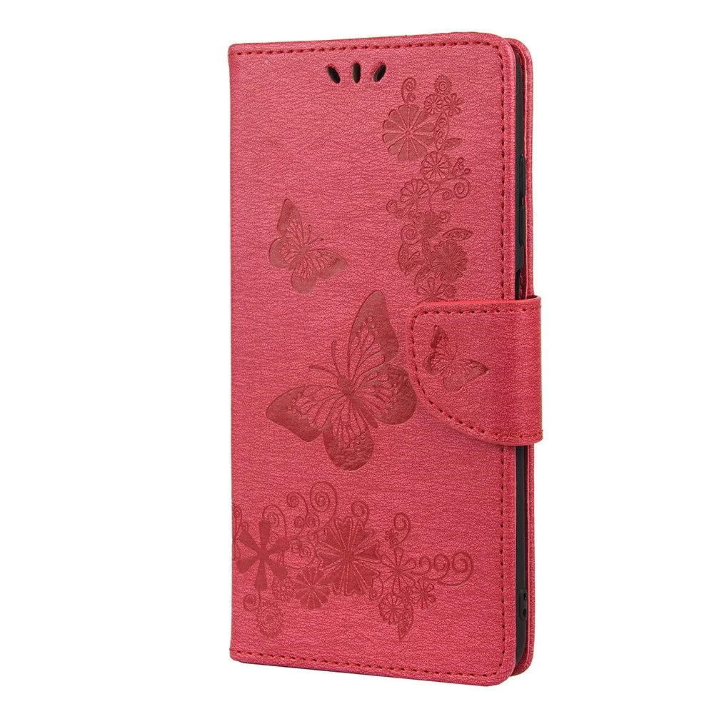 Imprint Butterfly Flower Leather Wallet Case with Stand for Samsung Galaxy A03s (166.5mm) - Red - 2
