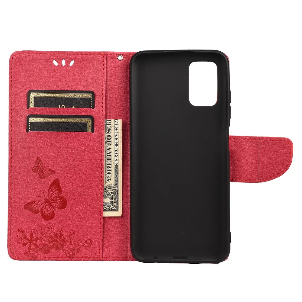 Imprint Butterfly Flower Leather Wallet Case with Stand for Samsung Galaxy A03s (166.5mm) - Red - 4