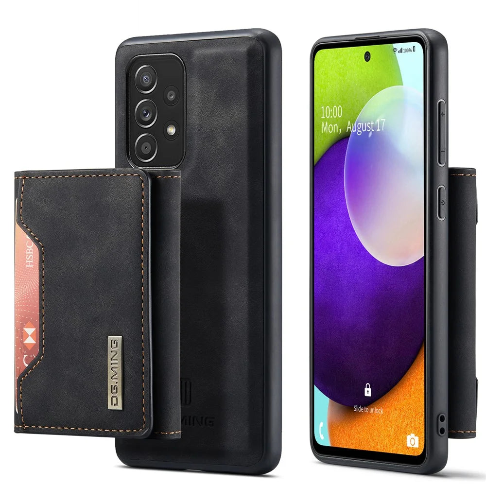 DG.MING M2 Series Anti-fall Tri-fold Wallet Magnetic Kickstand Leather Case for Samsung Galaxy A52 4G/5G / A52s 5G - Black - 1