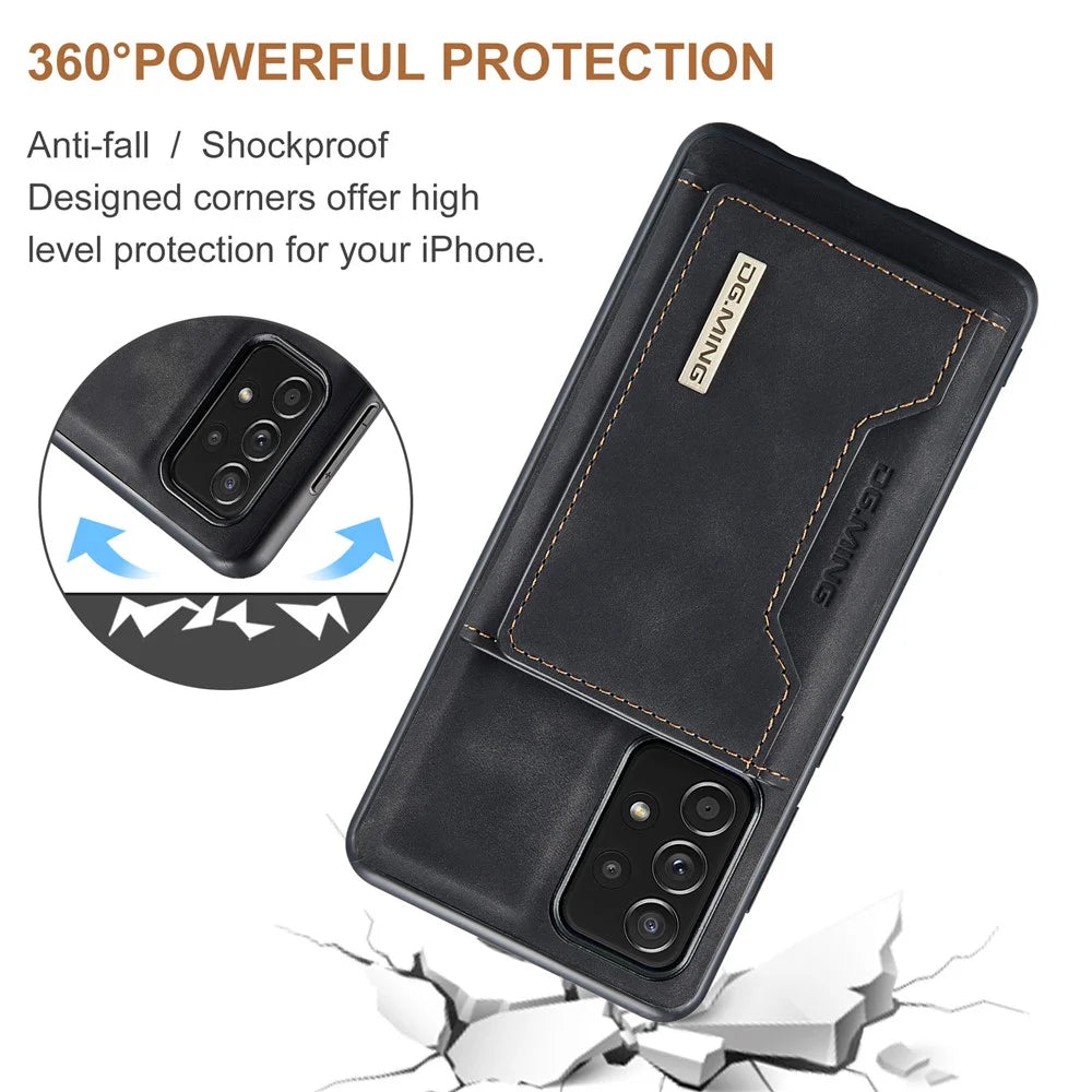 DG.MING M2 Series Anti-fall Tri-fold Wallet Magnetic Kickstand Leather Case for Samsung Galaxy A52 4G/5G / A52s 5G - Black - 4