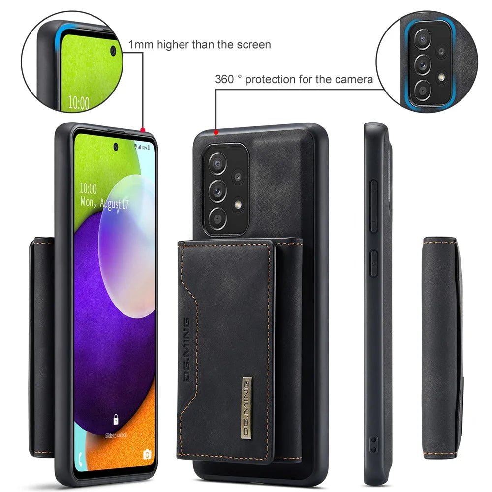 DG.MING M2 Series Anti-fall Tri-fold Wallet Magnetic Kickstand Leather Case for Samsung Galaxy A52 4G/5G / A52s 5G - Black - 6