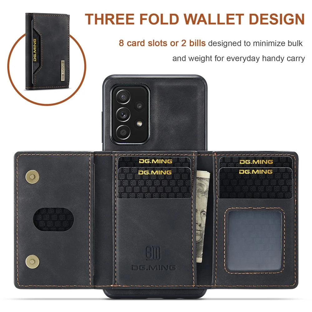 DG.MING M2 Series Anti-fall Tri-fold Wallet Magnetic Kickstand Leather Case for Samsung Galaxy A52 4G/5G / A52s 5G - Black - 7