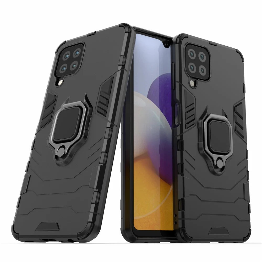 Scratch-proof Hard PC + Soft TPU Hybrid Phone Case Cover with Ring Holder Kickstand for Samsung Galaxy M32 (Global Version) - Black - 1