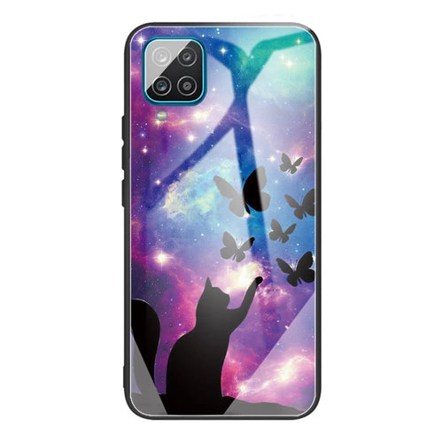 Anti-Scratch Pattern Printing Tempered Glass Back Cover + TPU Frame Hybrid Shell Slim Case for Samsung Galaxy A12 - Cat and Butterflies - 1