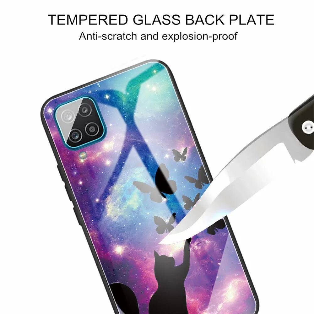 Anti-Scratch Pattern Printing Tempered Glass Back Cover + TPU Frame Hybrid Shell Slim Case for Samsung Galaxy A12 - Cat and Butterflies - 2