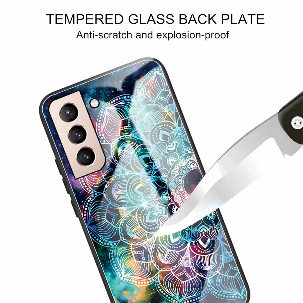 Shock Absorption Pattern Printing Tempered Glass Back + Side with Flexible Soft TPU Protection Cover for Samsung Galaxy S21 FE - Mandala Flower - 2