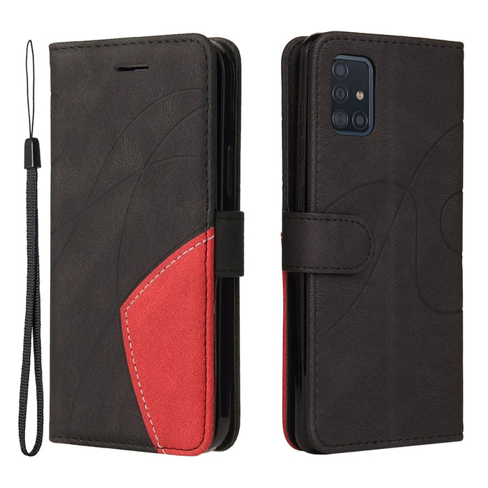 For Samsung Galaxy A51 4G SM-A515 Leather Case Wallet Stand Color Splicing Phone Cover - Black - 1