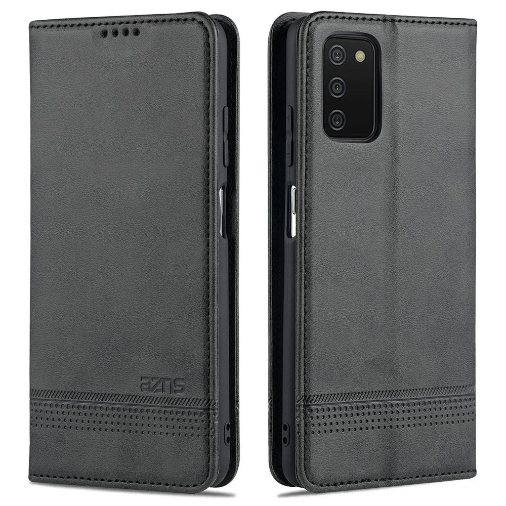 AZNS Shockproof Wallet Design PU Leather Folio Flip Phone Case Cover for Samsung Galaxy A03s (166.5mm) - Black - 1