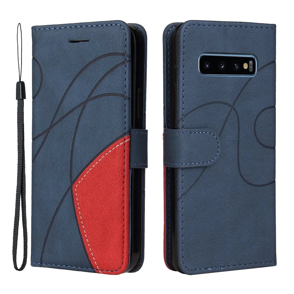 For Samsung Galaxy S10 Leather Case Wallet Stand Color Splicing Phone Cover - Blue - 1