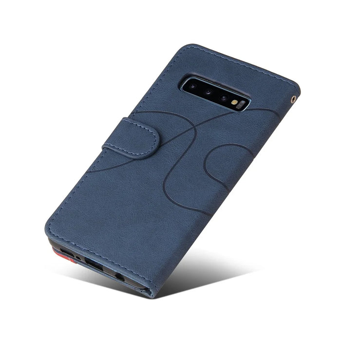 For Samsung Galaxy S10 Leather Case Wallet Stand Color Splicing Phone Cover - Blue - 7