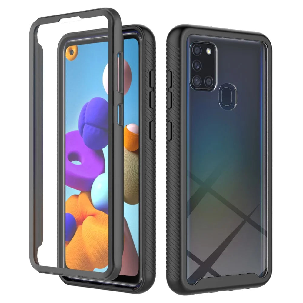 3-in-1 Full Coverage Hybrid Protective Case with PET Screen Protector for Samsung Galaxy A21s - Black - 1