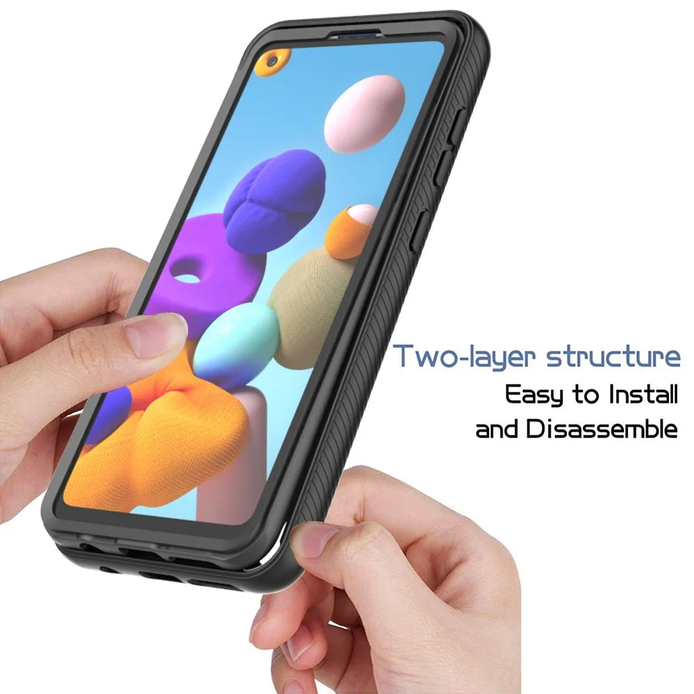 3-in-1 Full Coverage Hybrid Protective Case with PET Screen Protector for Samsung Galaxy A21s - Black - 2