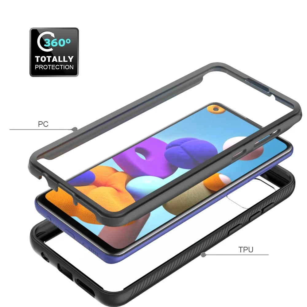 3-in-1 Full Coverage Hybrid Protective Case with PET Screen Protector for Samsung Galaxy A21s - Black - 3