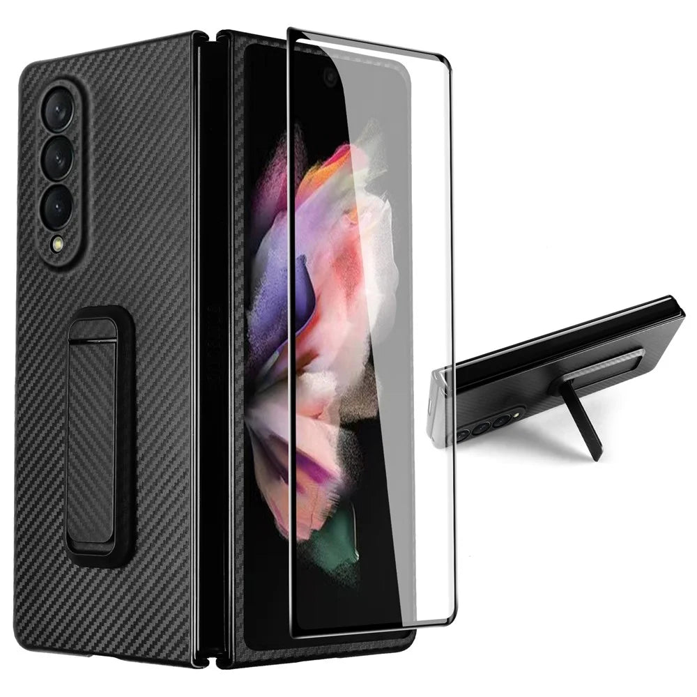 For Samsung Galaxy Z Fold3 5G Anti-Scratch Reinforced Corner Phone Case PU Leather + PC Hybrid Defender Protective Shockproof Cover with Tempered Glass Screen Protector - Black - 1
