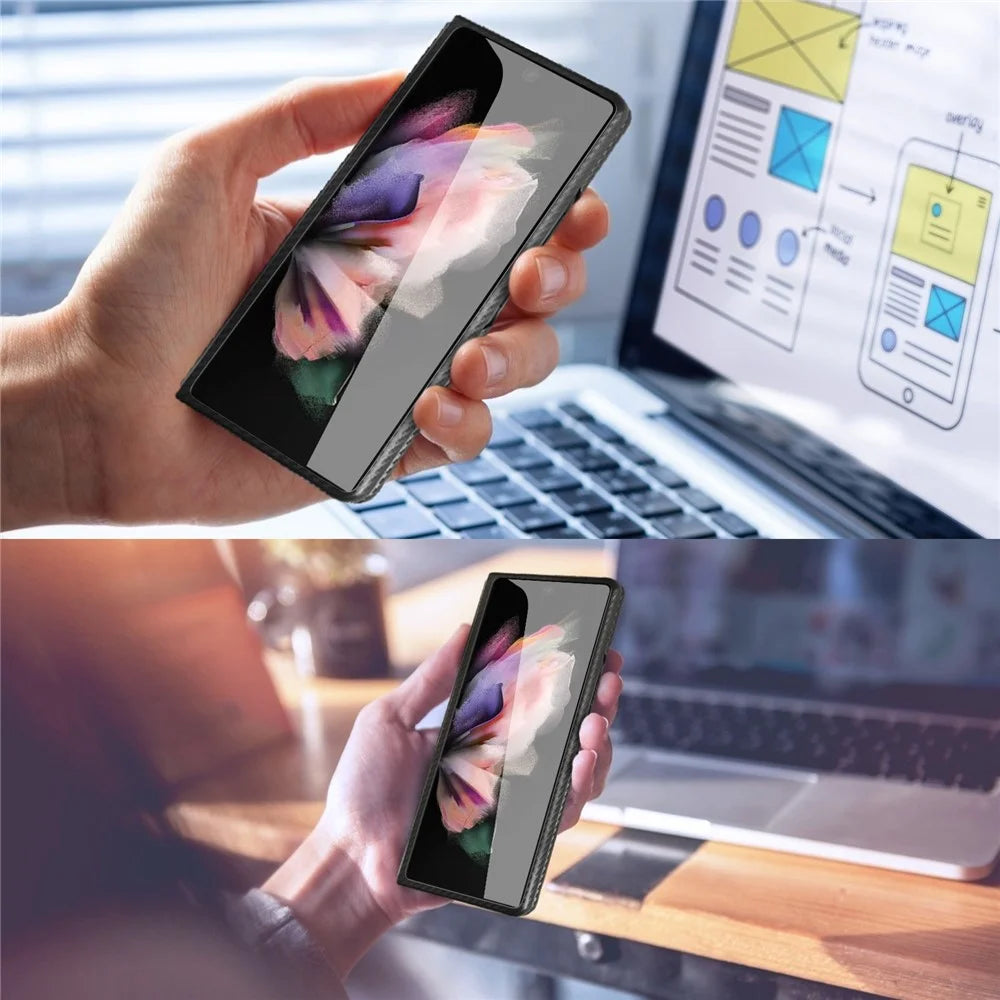 For Samsung Galaxy Z Fold3 5G Anti-Scratch Reinforced Corner Phone Case PU Leather + PC Hybrid Defender Protective Shockproof Cover with Tempered Glass Screen Protector - Black - 7