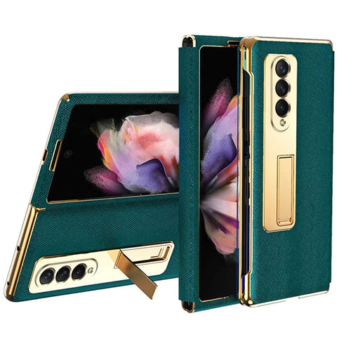Leather Coated PC with Electroplating Frame Folding Phone Case Cover with Kickstand for Samsung Galaxy Z Fold3 5G - Green - 1