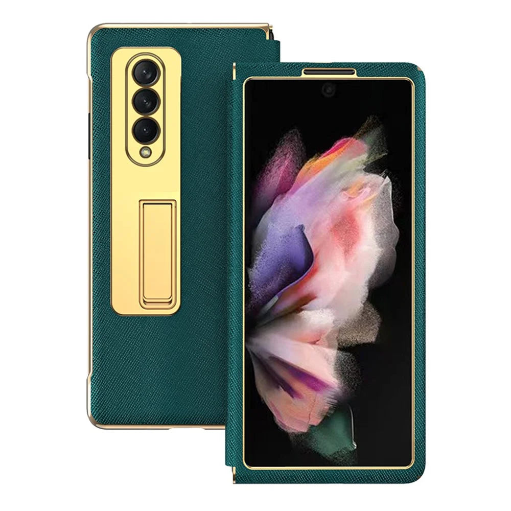 Leather Coated PC with Electroplating Frame Folding Phone Case Cover with Kickstand for Samsung Galaxy Z Fold3 5G - Green - 2