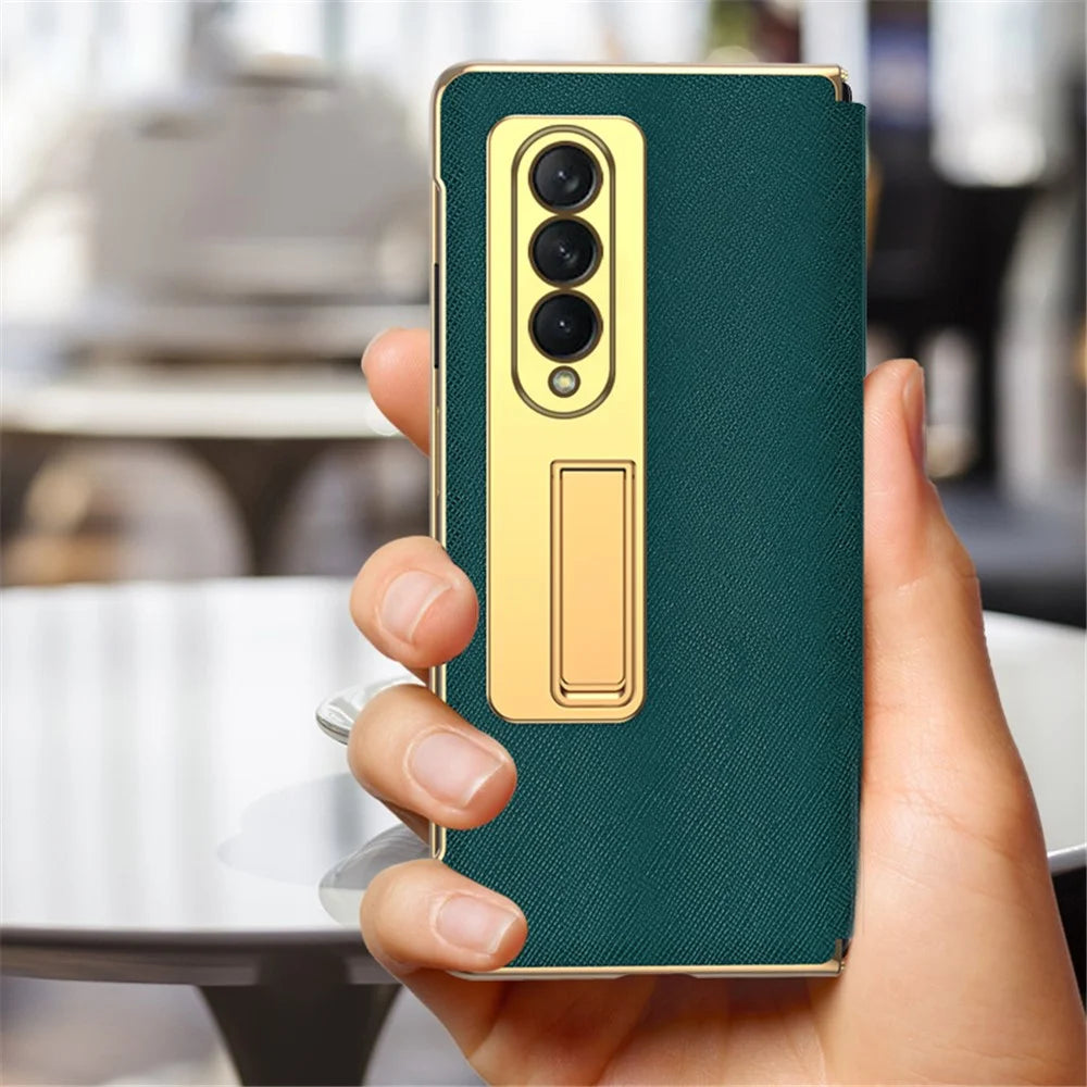 Leather Coated PC with Electroplating Frame Folding Phone Case Cover with Kickstand for Samsung Galaxy Z Fold3 5G - Green - 6