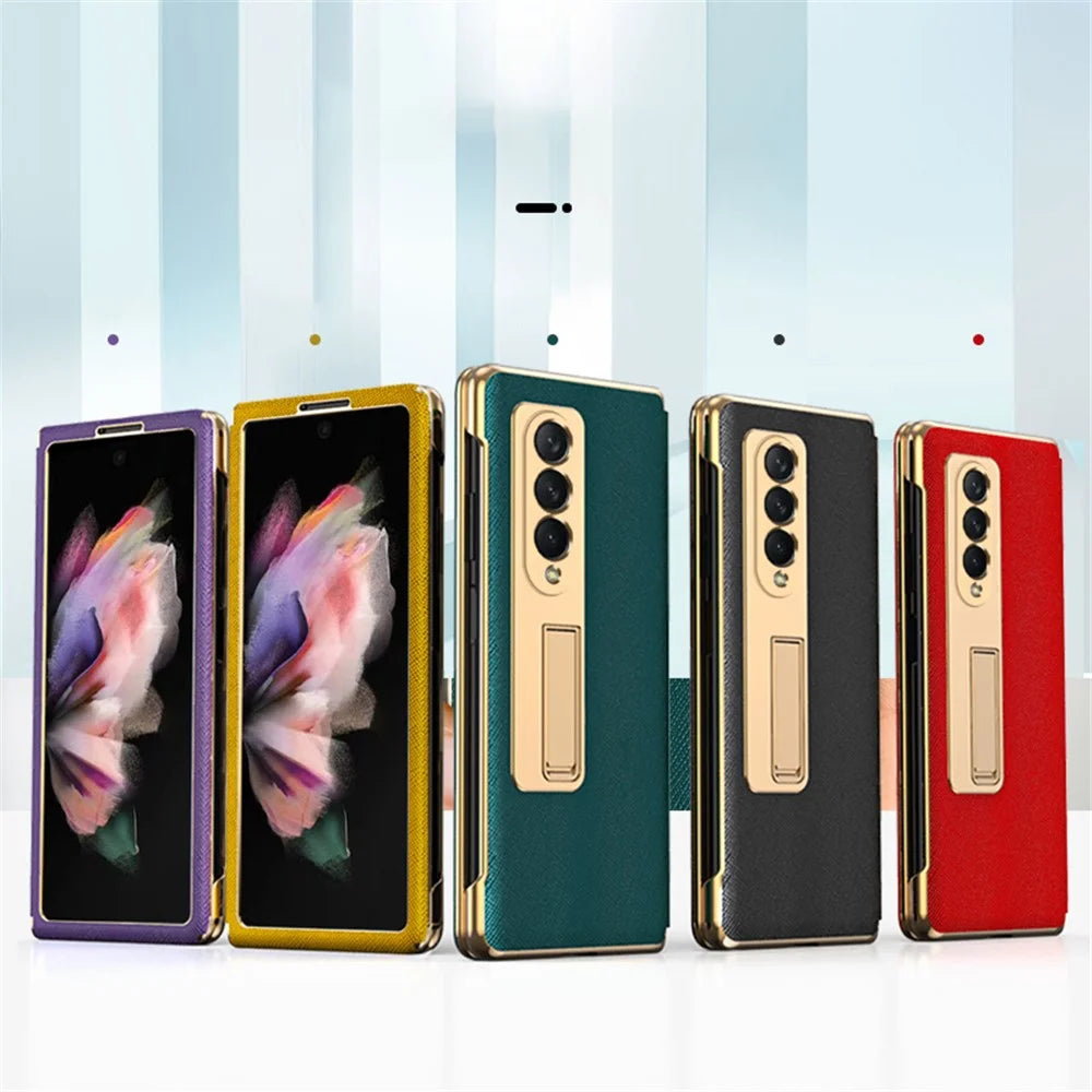 Leather Coated PC with Electroplating Frame Folding Phone Case Cover with Kickstand for Samsung Galaxy Z Fold3 5G - Green - 7