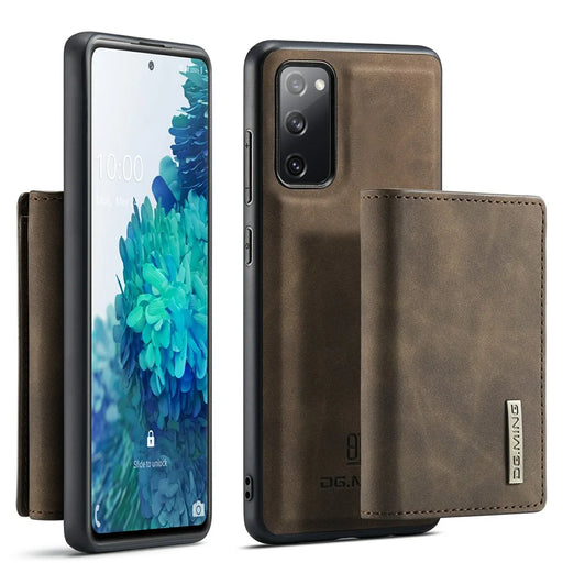 DG.MING M1 Series Magnetic Tri-Fold Wallet + Leather Coated Hybrid Cover Shell with Kickstand for Samsung Galaxy S20 FE 2022/S20 FE 4G/S20 FE 5G/S20 Lite - Coffee - 1