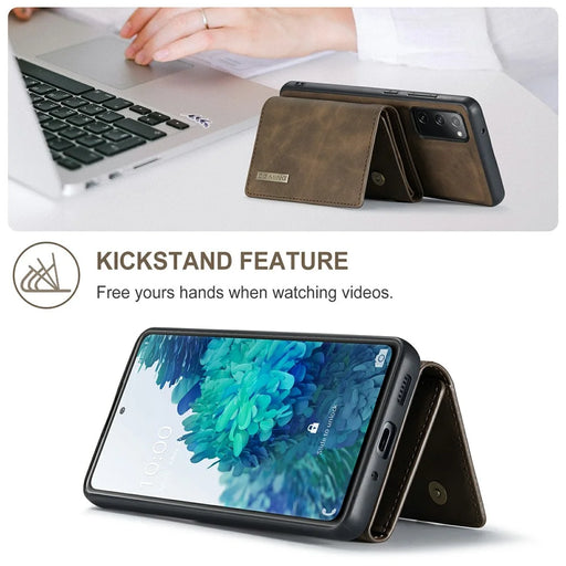 DG.MING M1 Series Magnetic Tri-Fold Wallet + Leather Coated Hybrid Cover Shell with Kickstand for Samsung Galaxy S20 FE 2022/S20 FE 4G/S20 FE 5G/S20 Lite - Coffee - 2