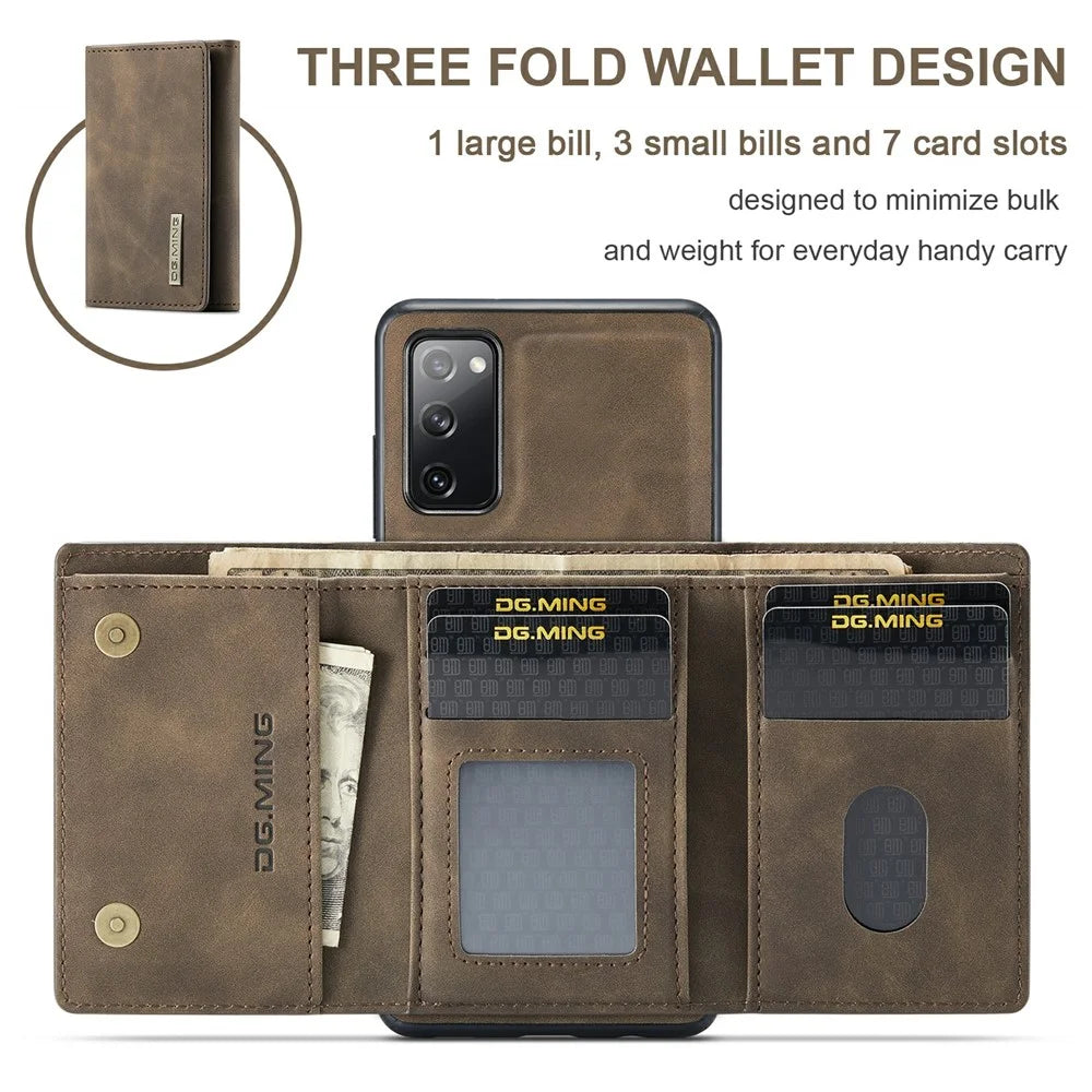 DG.MING M1 Series Magnetic Tri-Fold Wallet + Leather Coated Hybrid Cover Shell with Kickstand for Samsung Galaxy S20 FE 2022/S20 FE 4G/S20 FE 5G/S20 Lite - Coffee - 3