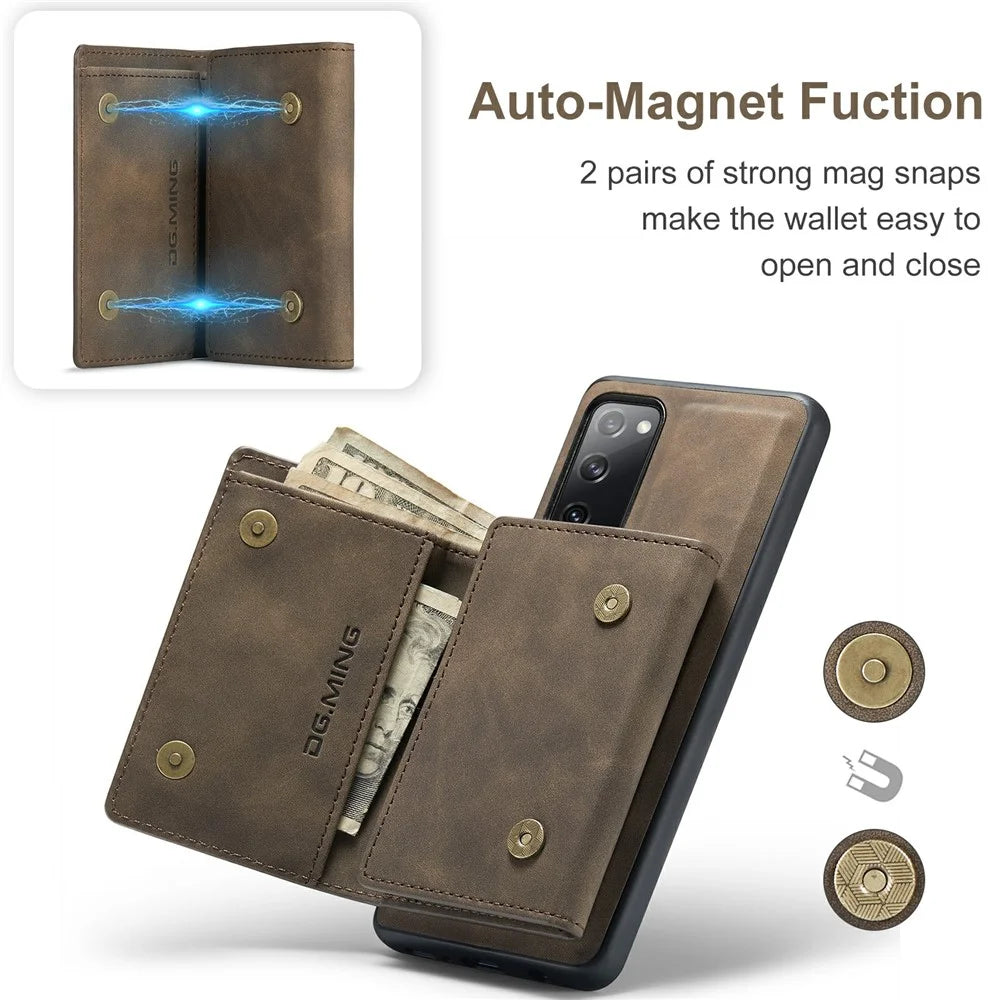 DG.MING M1 Series Magnetic Tri-Fold Wallet + Leather Coated Hybrid Cover Shell with Kickstand for Samsung Galaxy S20 FE 2022/S20 FE 4G/S20 FE 5G/S20 Lite - Coffee - 4