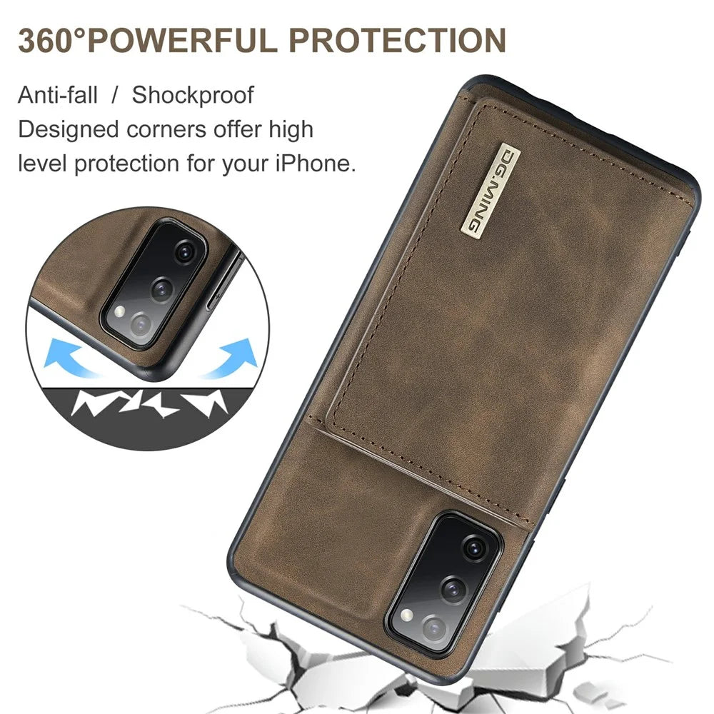DG.MING M1 Series Magnetic Tri-Fold Wallet + Leather Coated Hybrid Cover Shell with Kickstand for Samsung Galaxy S20 FE 2022/S20 FE 4G/S20 FE 5G/S20 Lite - Coffee - 6