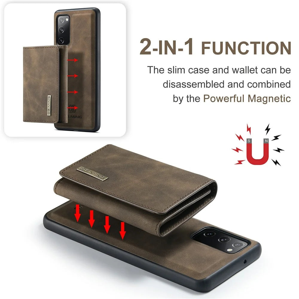 DG.MING M1 Series Magnetic Tri-Fold Wallet + Leather Coated Hybrid Cover Shell with Kickstand for Samsung Galaxy S20 FE 2022/S20 FE 4G/S20 FE 5G/S20 Lite - Coffee - 7