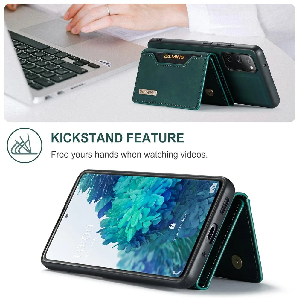 DG.MING M2 Series Magnetic Detachable Hybrid Case with Tri-Fold Wallet Kickstand Design for Samsung Galaxy S20 FE 2022/S20 FE 4G/S20 FE 5G/S20 Lite - Green - 2