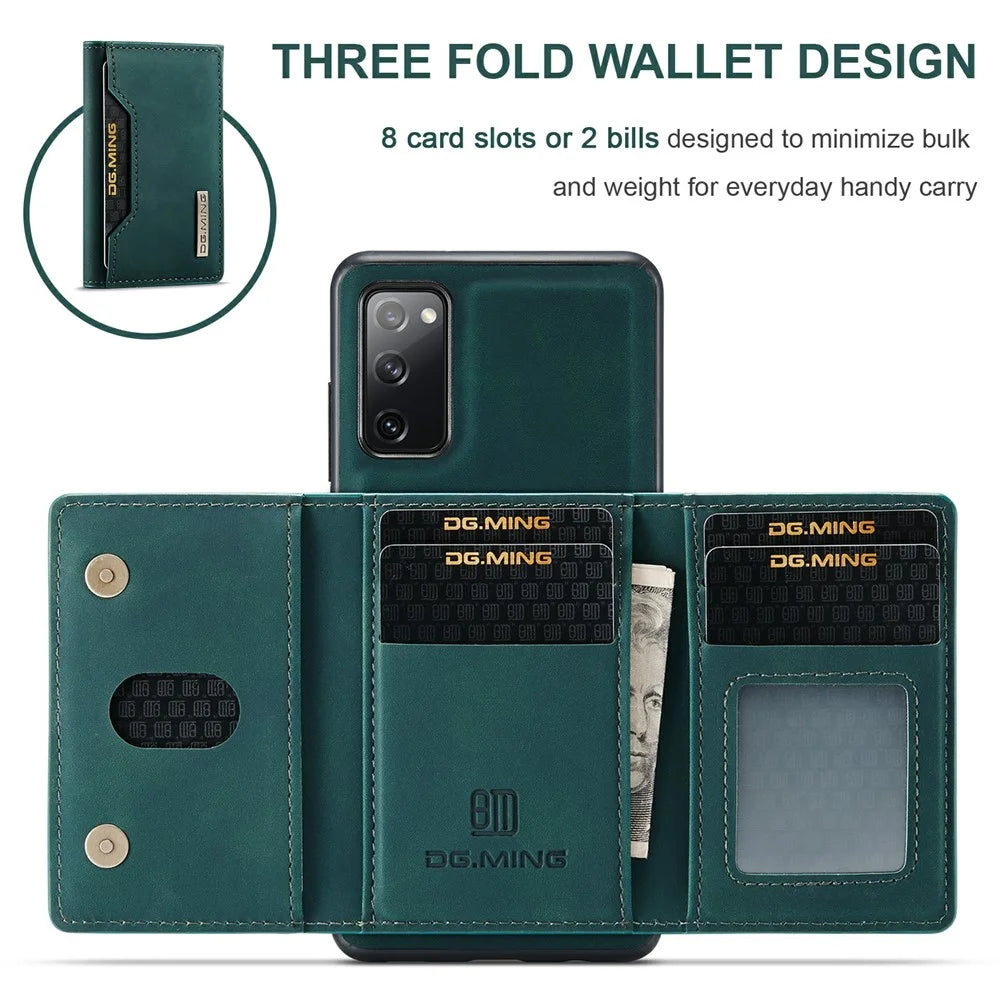DG.MING M2 Series Magnetic Detachable Hybrid Case with Tri-Fold Wallet Kickstand Design for Samsung Galaxy S20 FE 2022/S20 FE 4G/S20 FE 5G/S20 Lite - Green - 3
