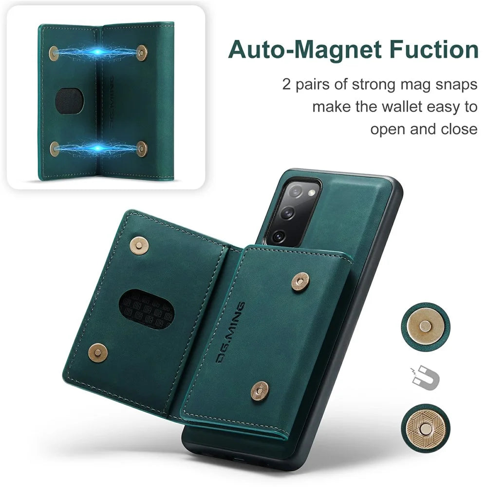 DG.MING M2 Series Magnetic Detachable Hybrid Case with Tri-Fold Wallet Kickstand Design for Samsung Galaxy S20 FE 2022/S20 FE 4G/S20 FE 5G/S20 Lite - Green - 4