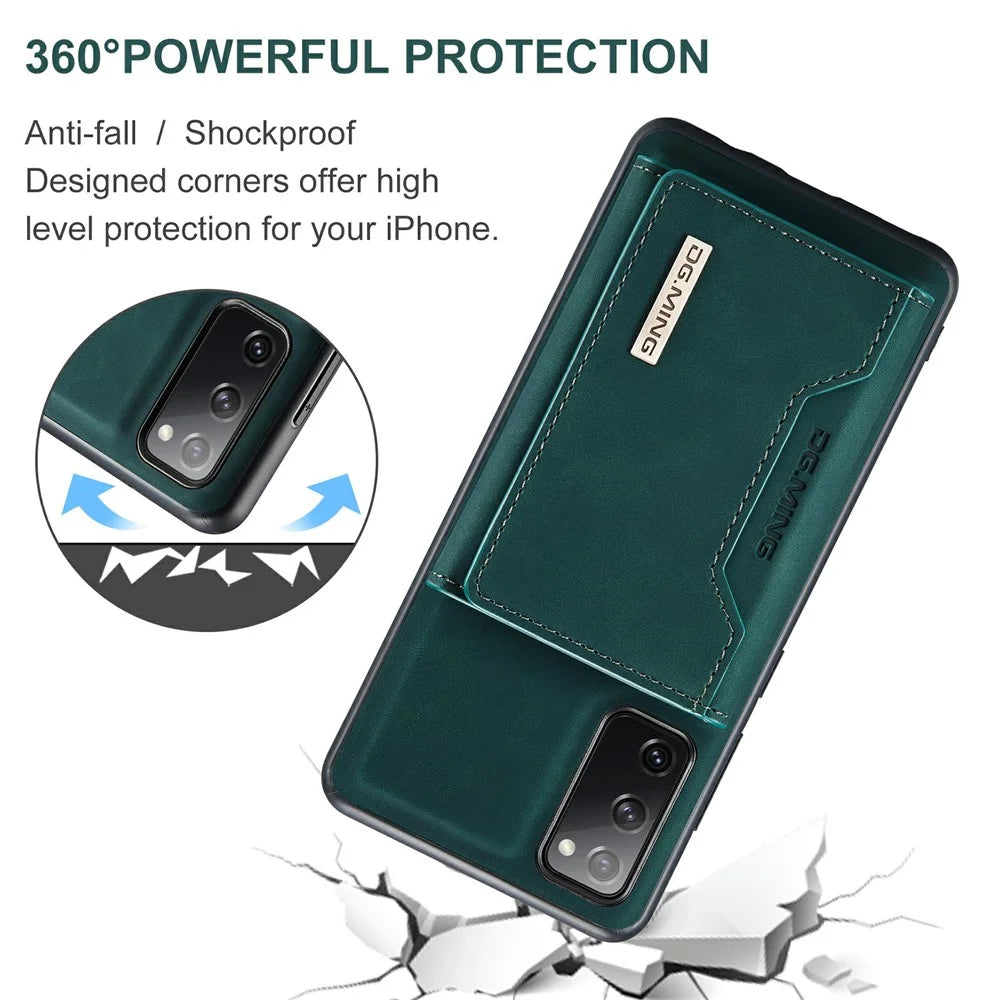 DG.MING M2 Series Magnetic Detachable Hybrid Case with Tri-Fold Wallet Kickstand Design for Samsung Galaxy S20 FE 2022/S20 FE 4G/S20 FE 5G/S20 Lite - Green - 6