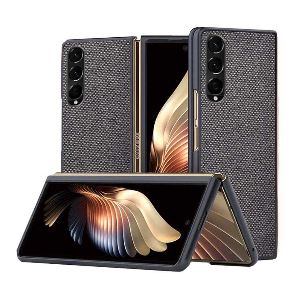 Sea Sand Textured Phone Case for Samsung Galaxy Z Fold3 5G, PU Leather Coated Hard PC Thin Durable Protective Cover - Black - 1