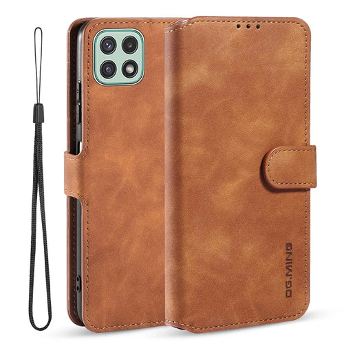 DG.MING Retro Style Leather Folio Flip Wallet Stand Cover with Strap for Samsung Galaxy A22 5G (EU Version) - Brown - 1