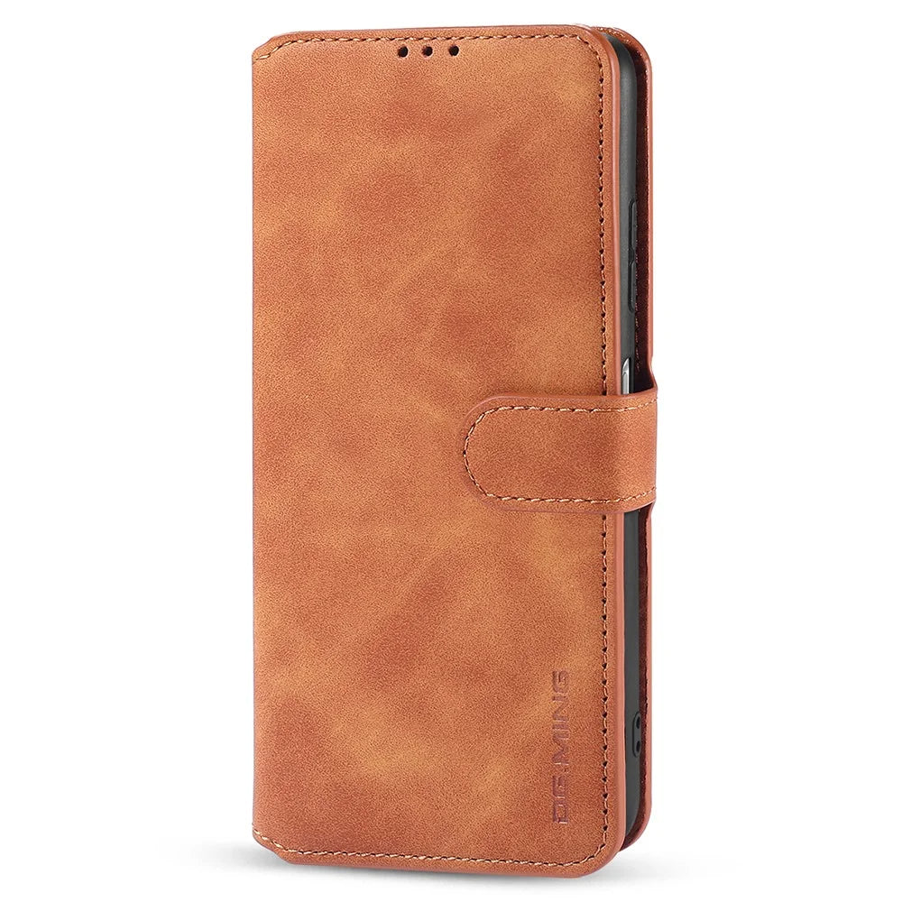DG.MING Retro Style Leather Folio Flip Wallet Stand Cover with Strap for Samsung Galaxy A22 5G (EU Version) - Brown - 2