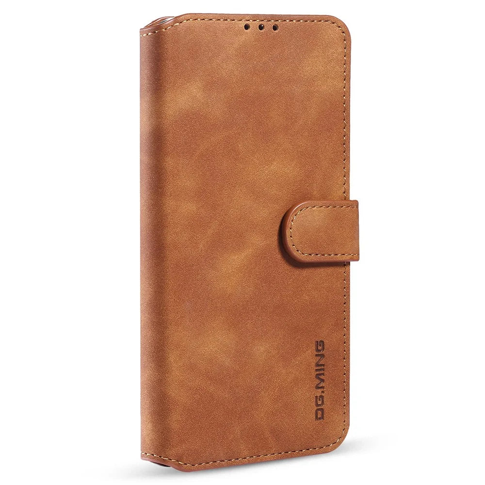 DG.MING Retro Style Leather Folio Flip Wallet Stand Cover with Strap for Samsung Galaxy A22 5G (EU Version) - Brown - 3