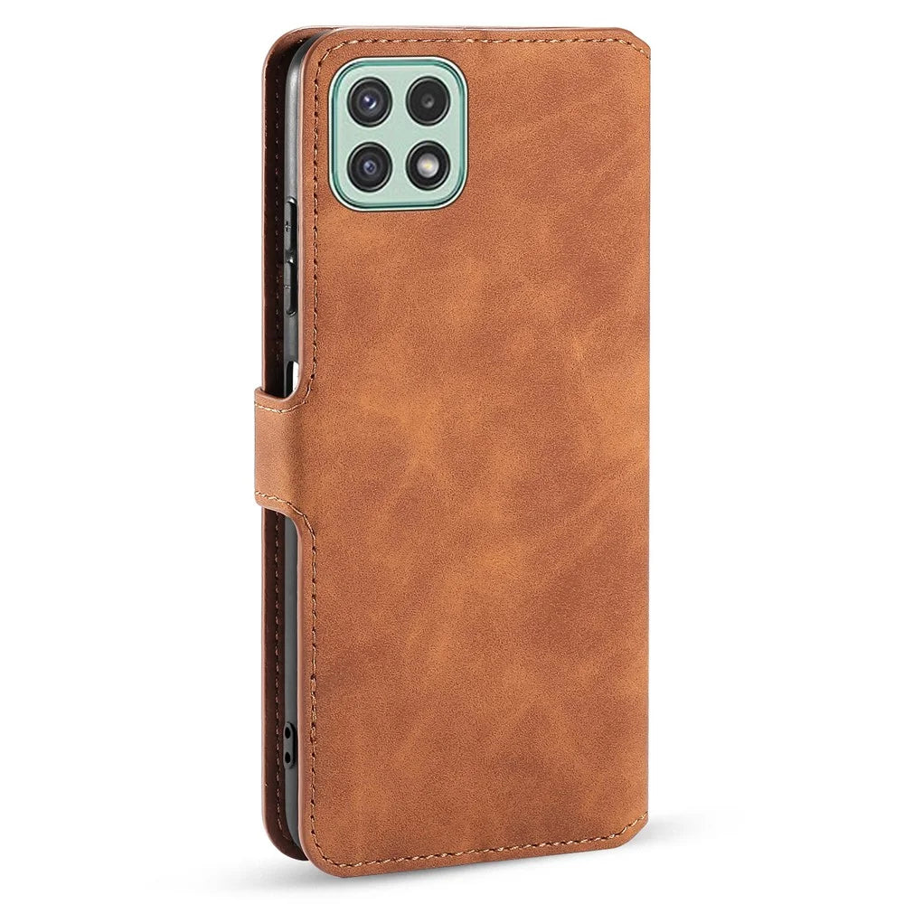 DG.MING Retro Style Leather Folio Flip Wallet Stand Cover with Strap for Samsung Galaxy A22 5G (EU Version) - Brown - 4