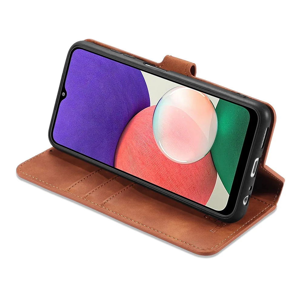 DG.MING Retro Style Leather Folio Flip Wallet Stand Cover with Strap for Samsung Galaxy A22 5G (EU Version) - Brown - 5