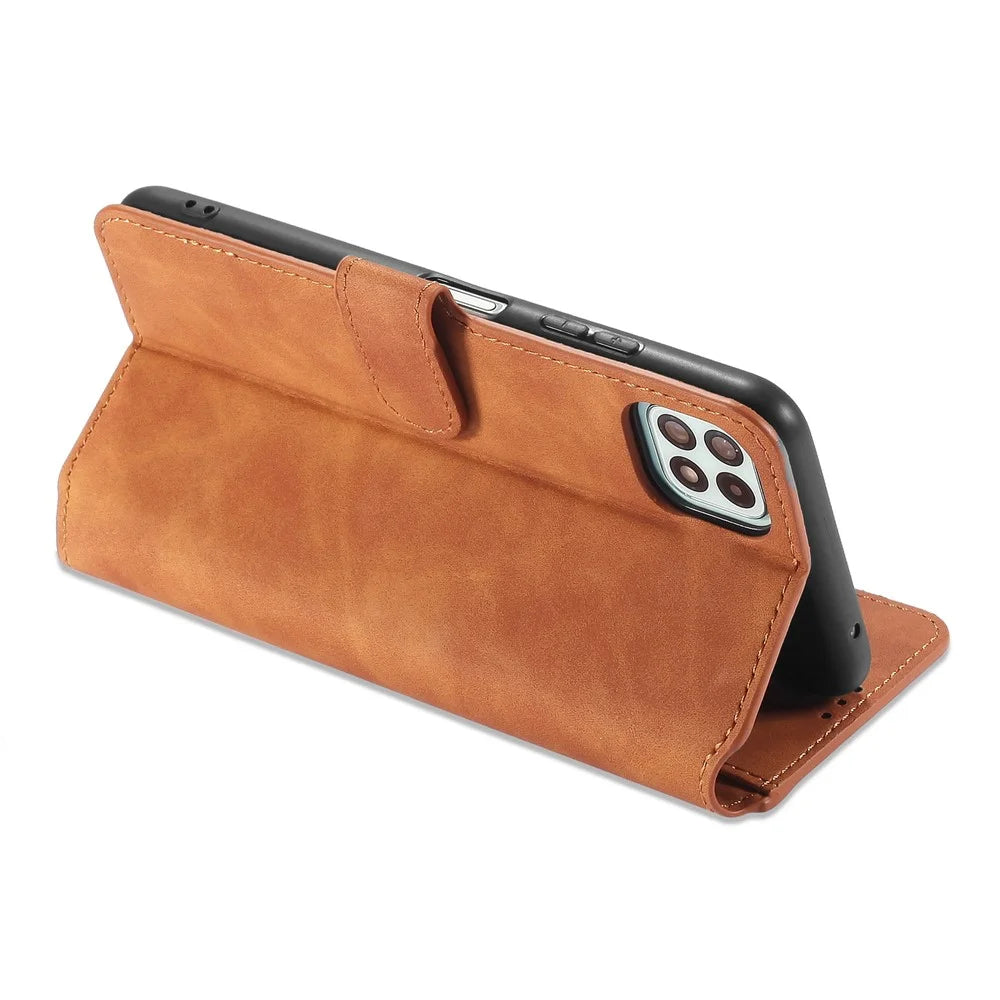 DG.MING Retro Style Leather Folio Flip Wallet Stand Cover with Strap for Samsung Galaxy A22 5G (EU Version) - Brown - 6