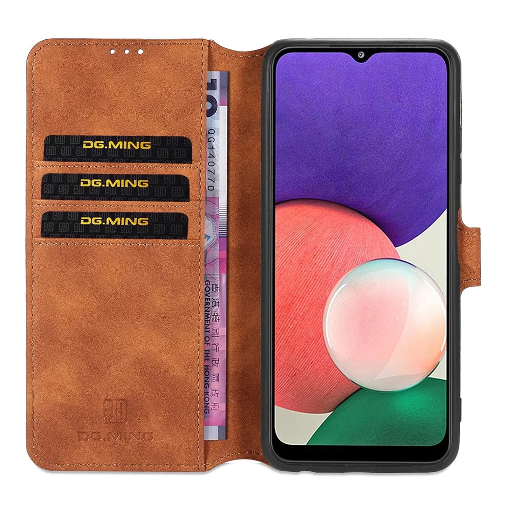 DG.MING Retro Style Leather Folio Flip Wallet Stand Cover with Strap for Samsung Galaxy A22 5G (EU Version) - Brown - 7