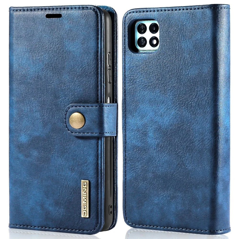 DG.MING Split Leather Wallet Design Detachable 2-in-1 Phone Case Shell for Samsung Galaxy A22 5G (EU Version) - Blue - 1